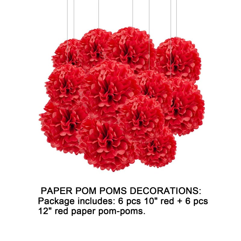 Aimto 12pcs Red Paper Pom Poms Decorations for Party Ceiling Wall Hanging Tissue Flowers Decorations - 1 Color of 12 Inch, 10 Inch - Image 2